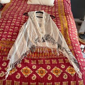 Boho Fringe Poncho in Cream and Black